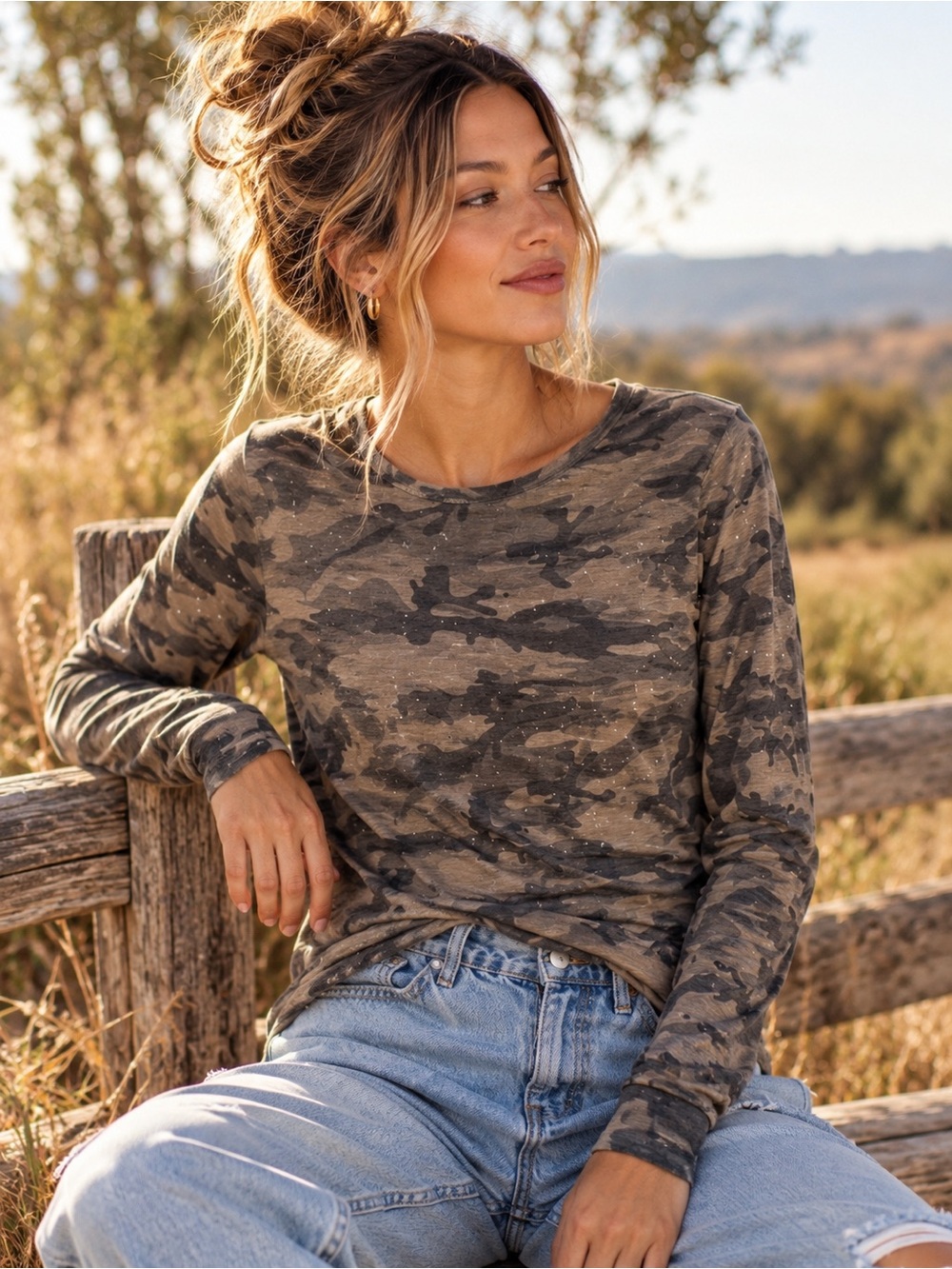 Michael Stars Camo Sparkle Long Sleeve Tee Army Green Top Size S